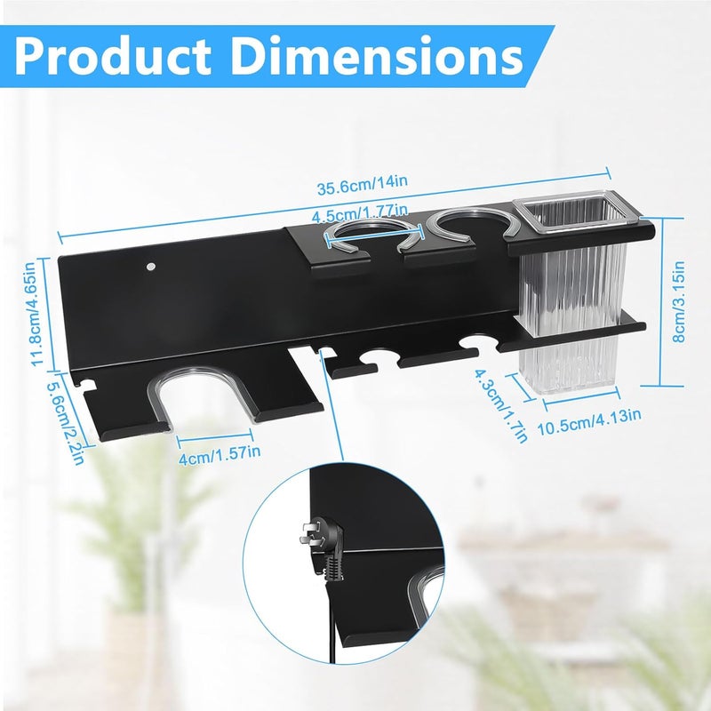 Yimerlen Hair Tool Organizer, 3-in-1 Universal Hair Dryer Holder Wall Mounted, Metal Hot Tools Organizer for Blow Dryer, Straightener and Curling Iron, Stylers Storage Rack for Bathroom (with Comb and Hook) - Image 5